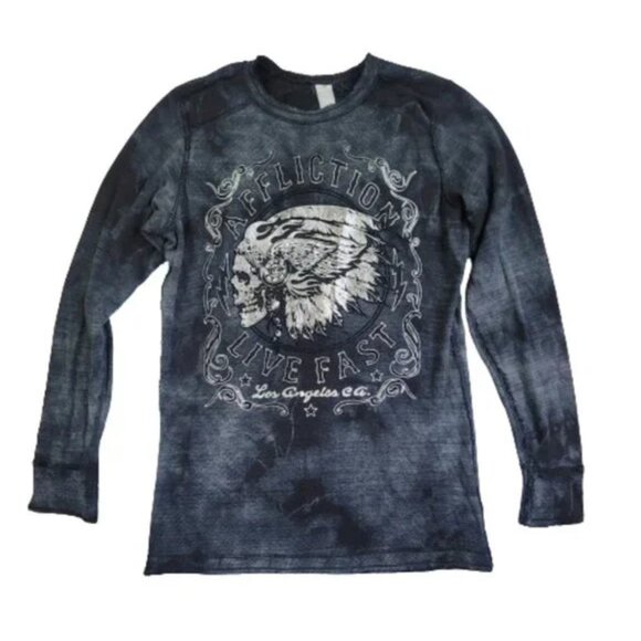 Affliction Native Skull Reversible Thermal Shirt Size Large